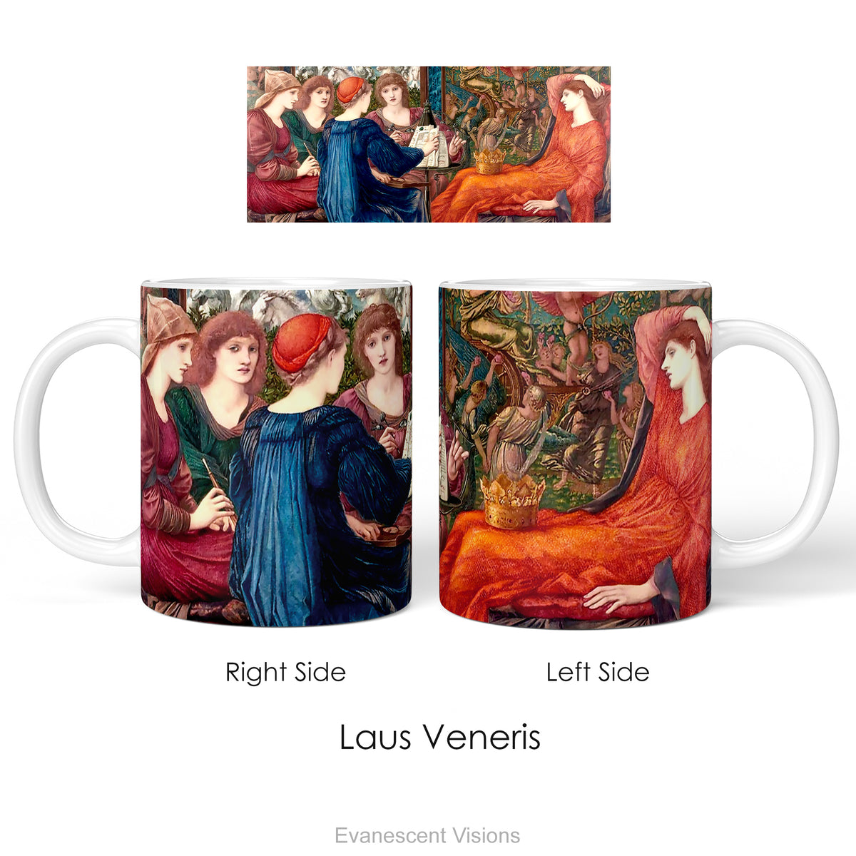 Left and right side views of a ceramic mug featuring painting 'Laus Veneris' by Edward Burne-Jones