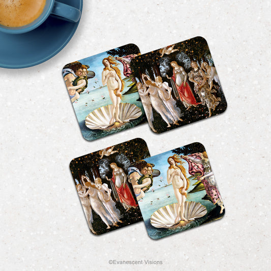 Botticelli-themed coasters shown on counter top with drink.