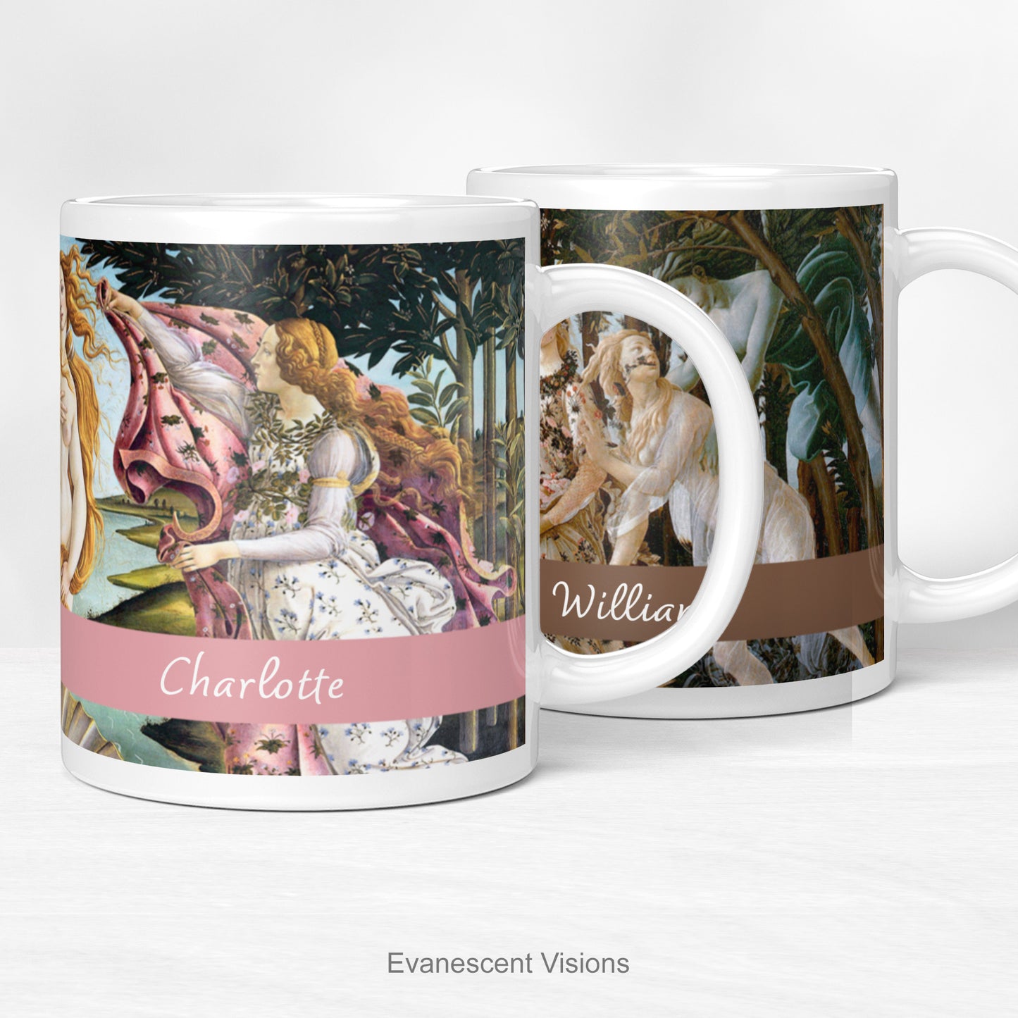 Personalised mugs wtih Botticelli's Primavera or Birth of Venus paintings