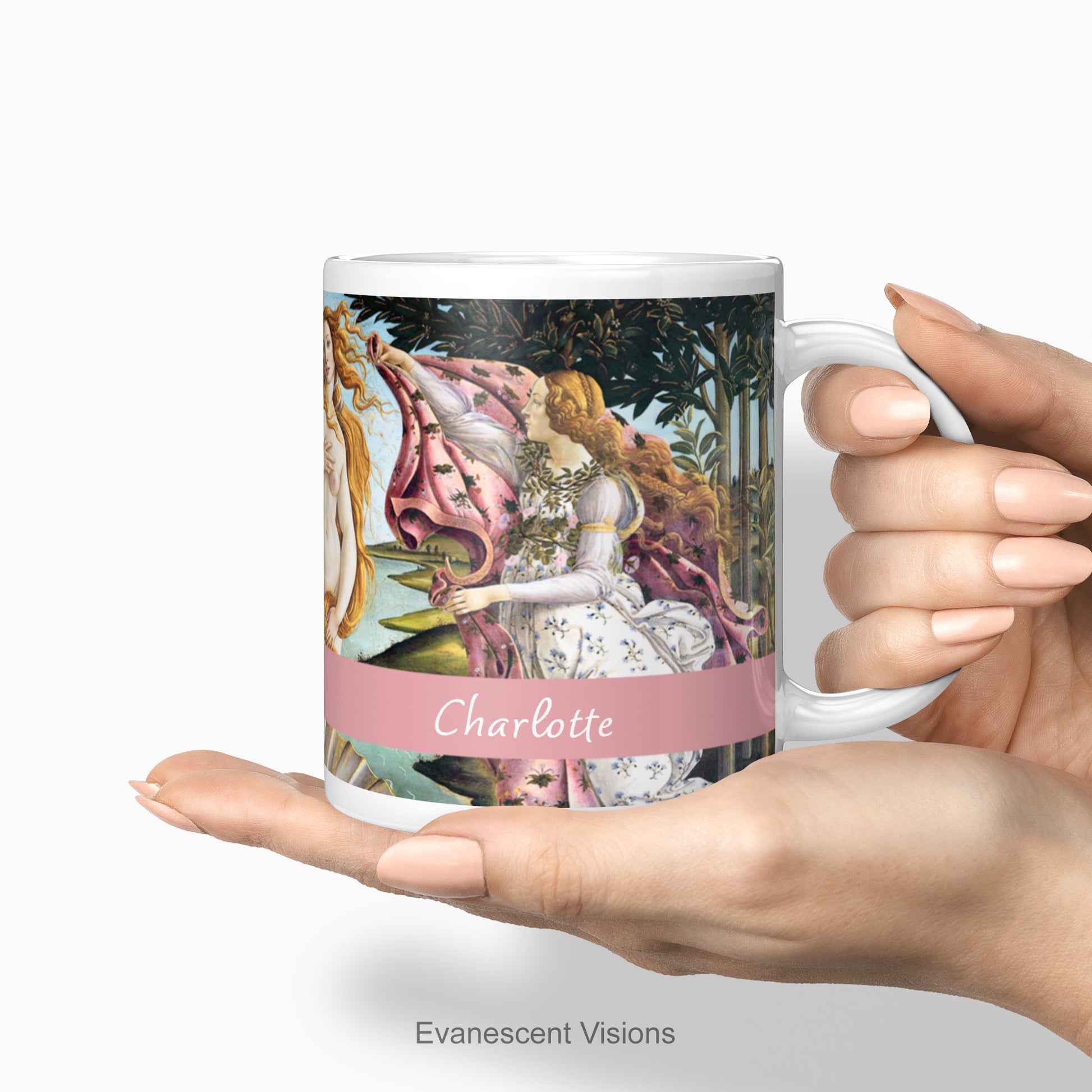 Birth of Venus design personalised ceramic mug being held in a woman's hand