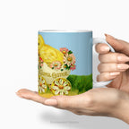 Hands holding the Ceramic mug with vintage design of Easter Chicks and Easter egg.