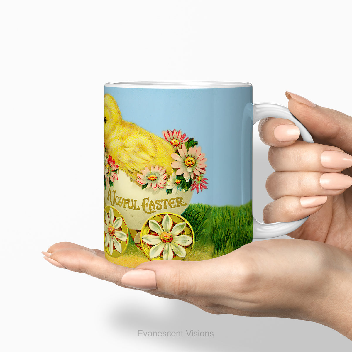 Hands holding the Ceramic mug with vintage design of Easter Chicks and Easter egg.