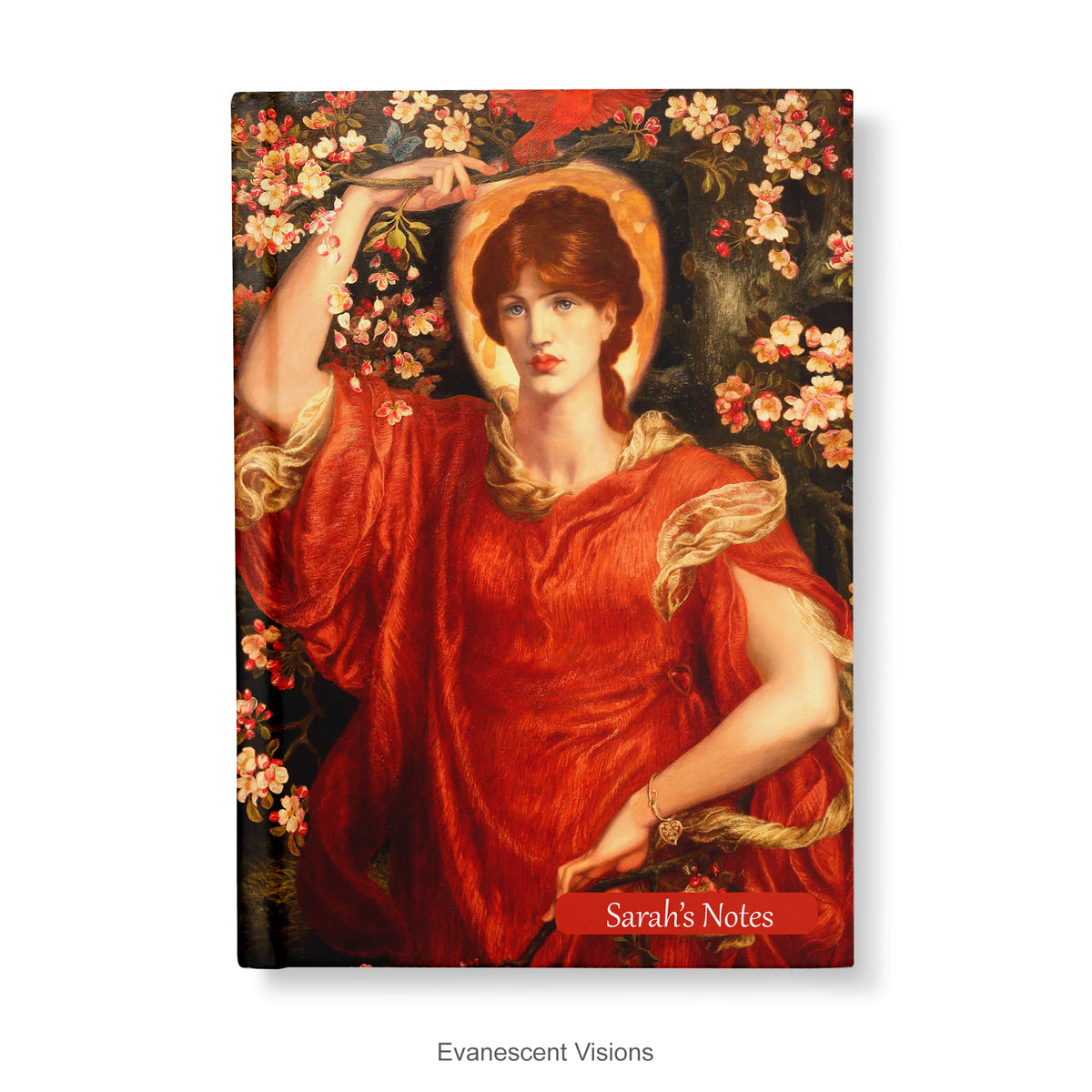 A hardcover notebook with a print of painting 'Fiammetta' by Rossetti, with a name printed on the bottom right corner of the cover.