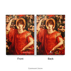 Front and back views of ahardcover notebook with a print of painting 'Fiammetta' by Rossetti.