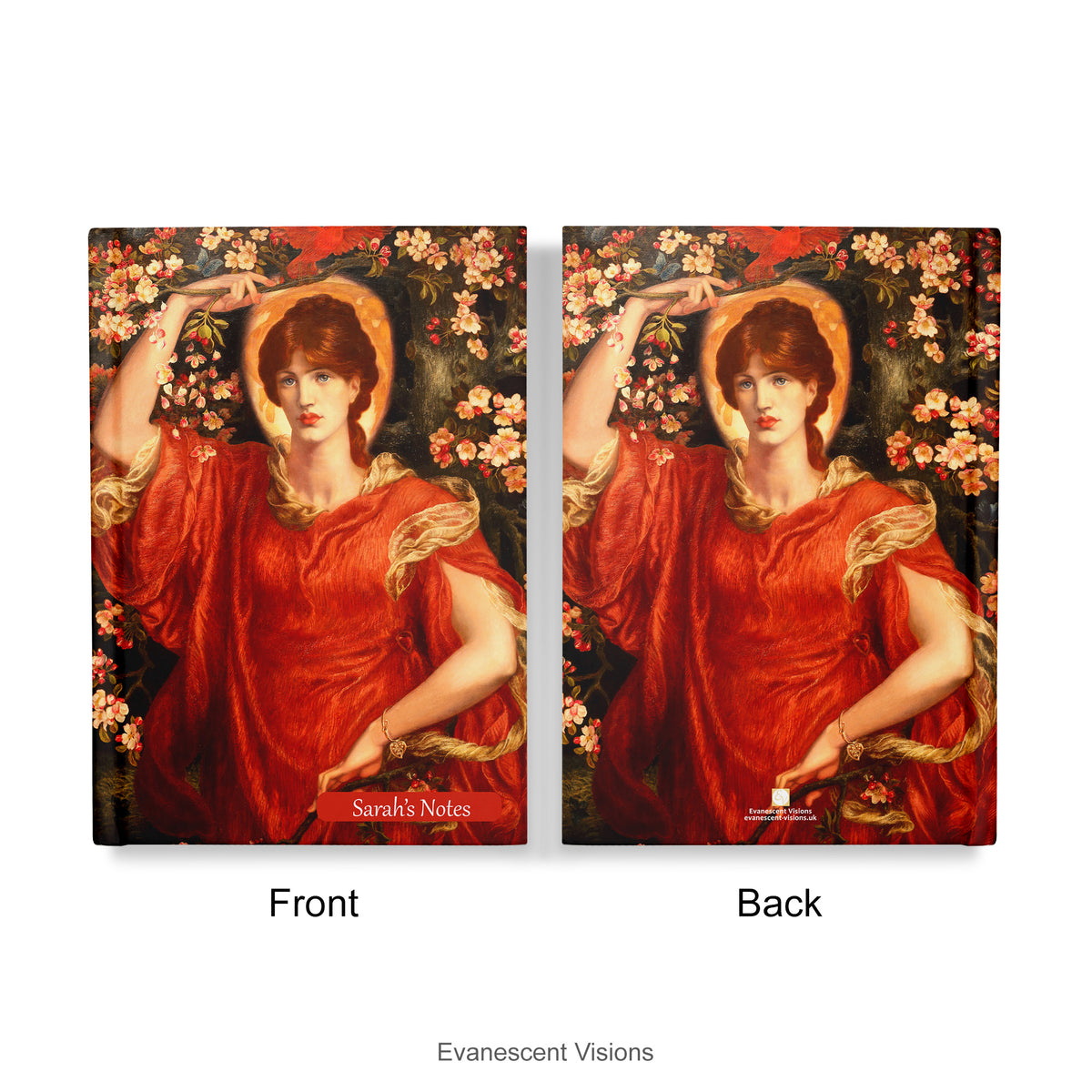 Front and back views of ahardcover notebook with a print of painting 'Fiammetta' by Rossetti.