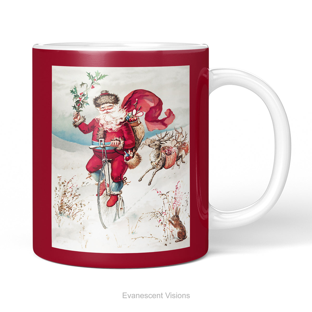A ceramic Christmas Mug, with a vintage illustration of Santa Claus on a Penny Farthing bicycle. 