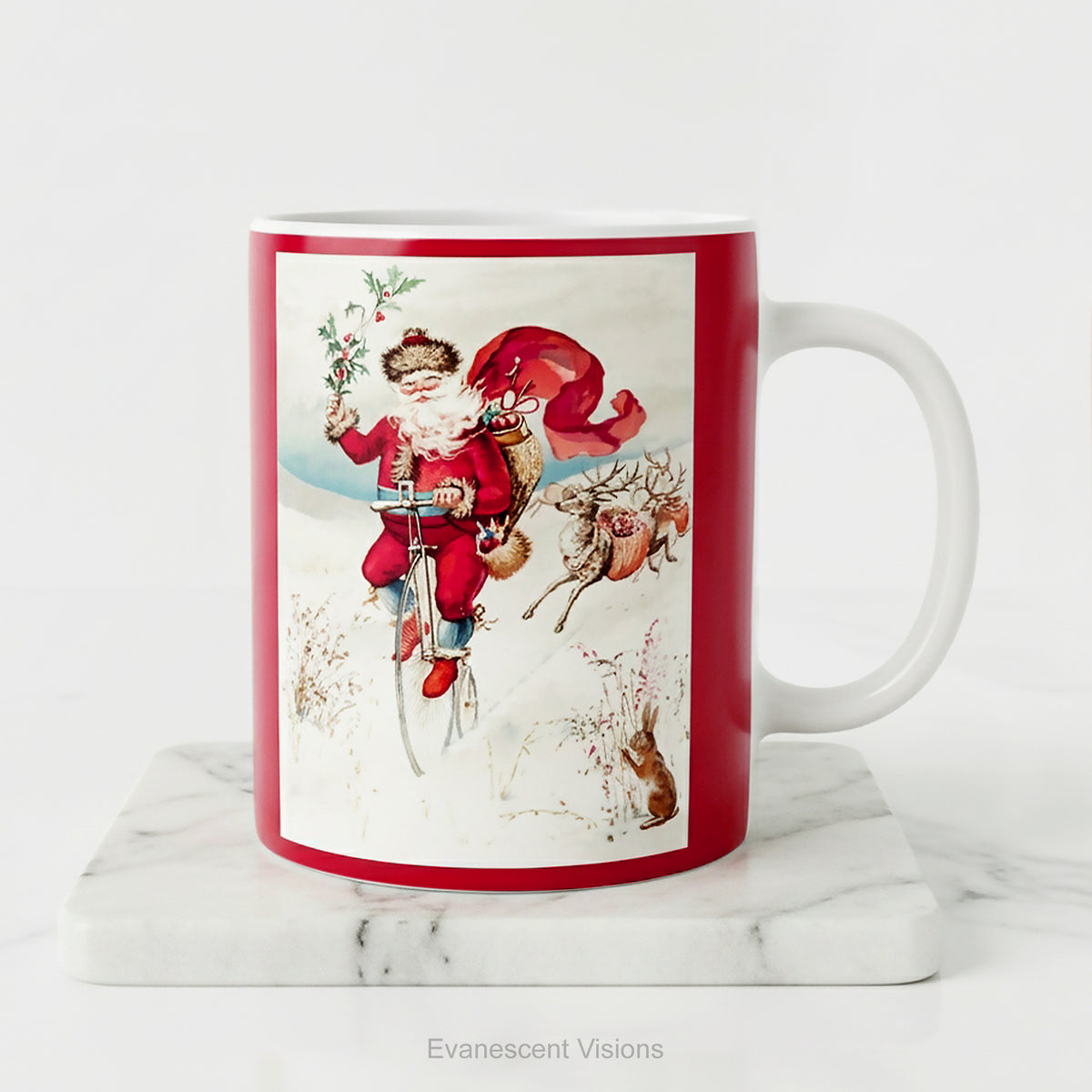 A ceramic Christmas Mug, with a vintage illustration of Santa Claus on a Penny Farthing bicycle. 
