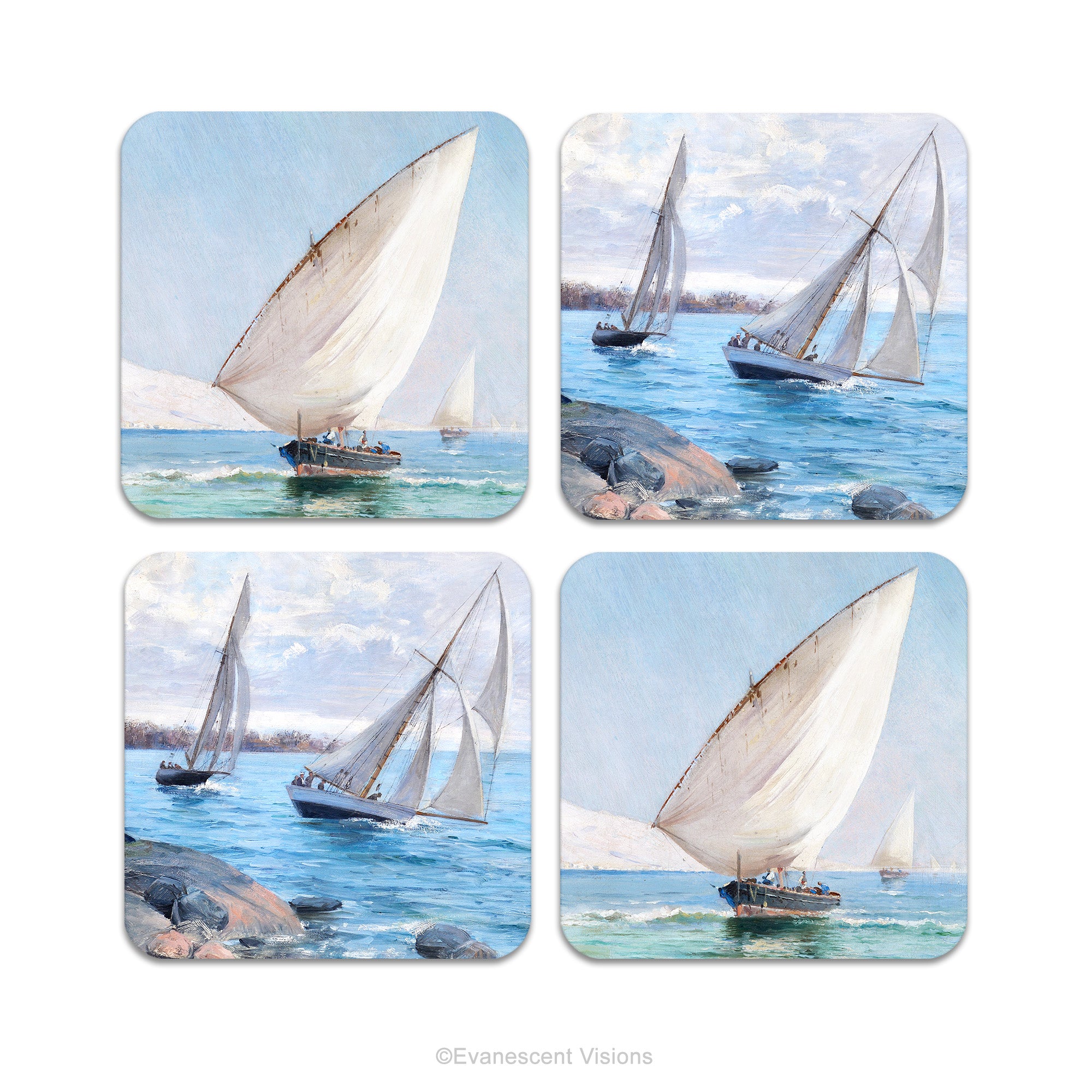 Set of four coasters with images of sailing boats.