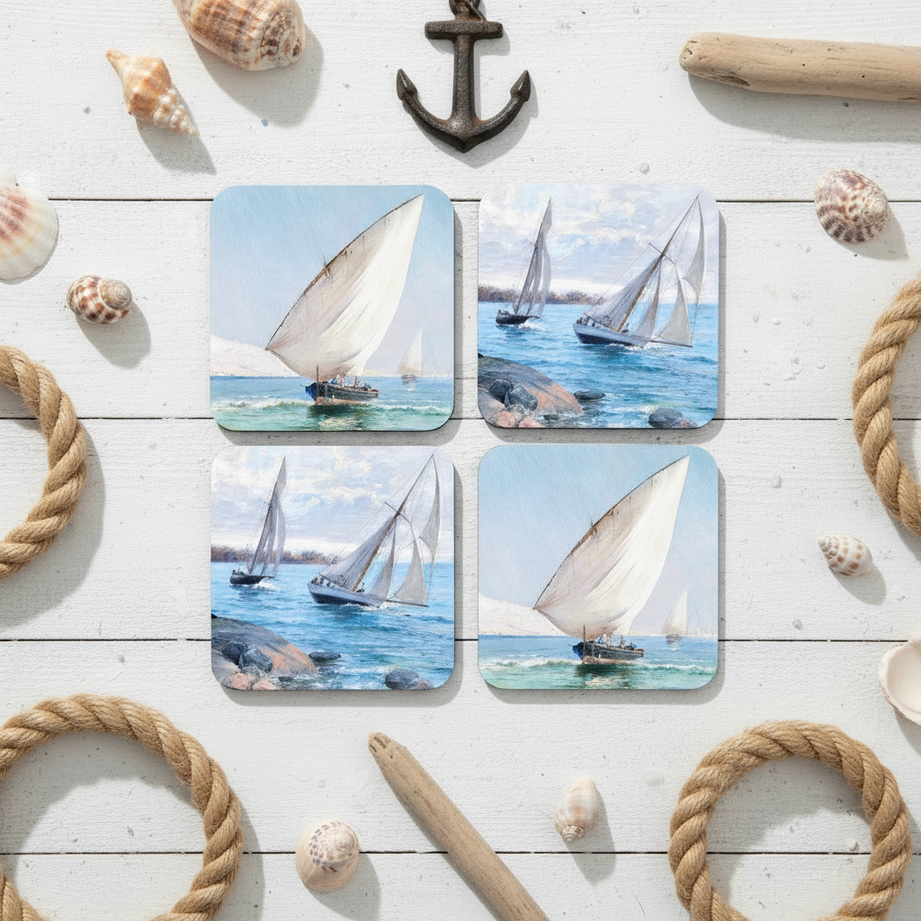 Set of four coasters with images of sailing boats styled on a white wood plank surface.