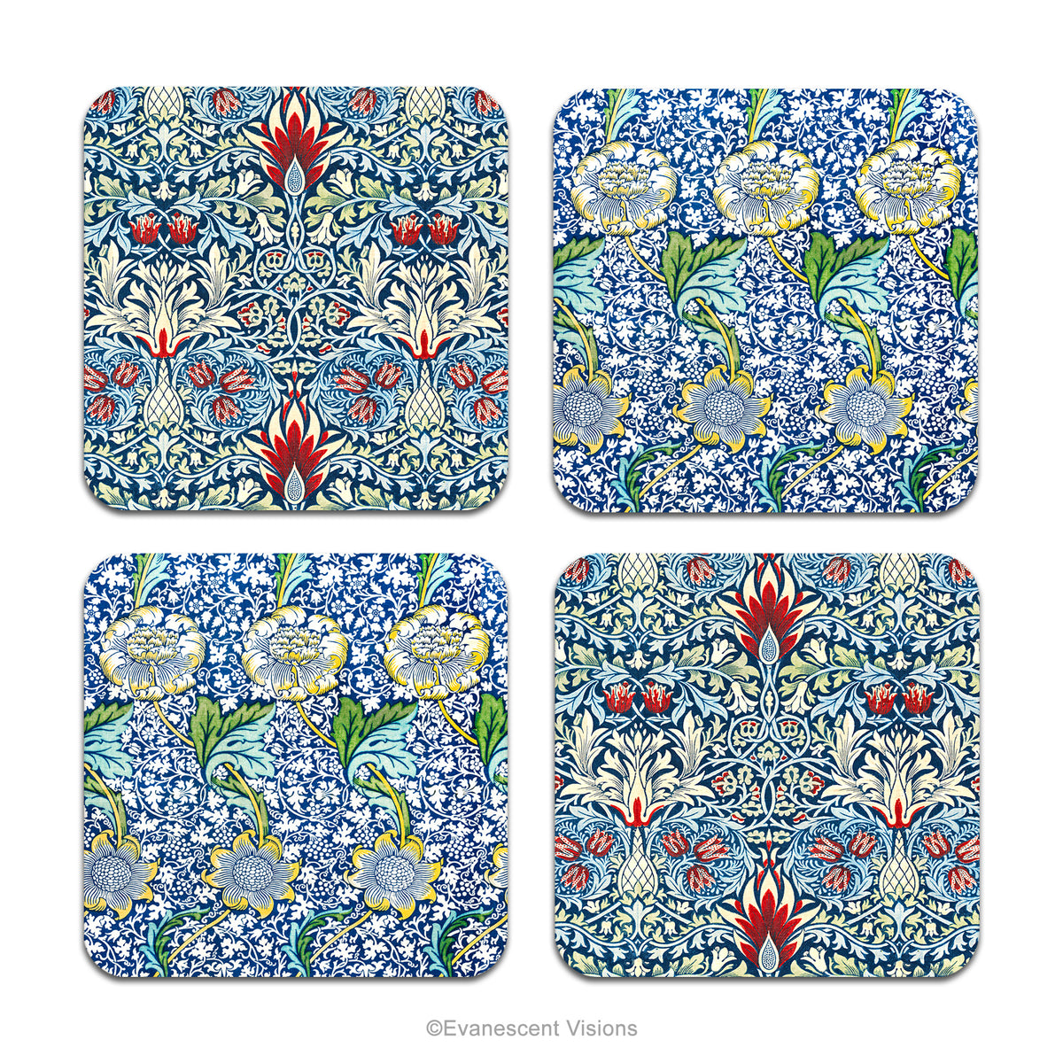 Set of 4 coasters with patterned images from the 'Snakeshead' and 'Kennet' designs by William Morris