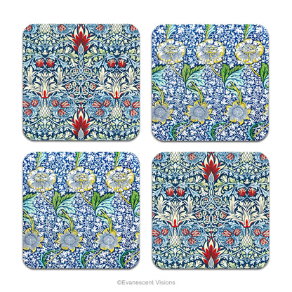 Set of 4 coasters with patterned images from the 'Snakeshead' and 'Kennet' designs by William Morris