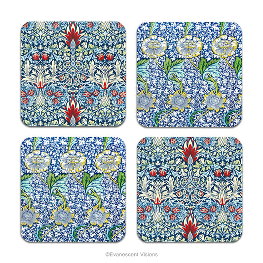 Set of 4 coasters with patterned images from the 'Snakeshead' and 'Kennet' designs by William Morris