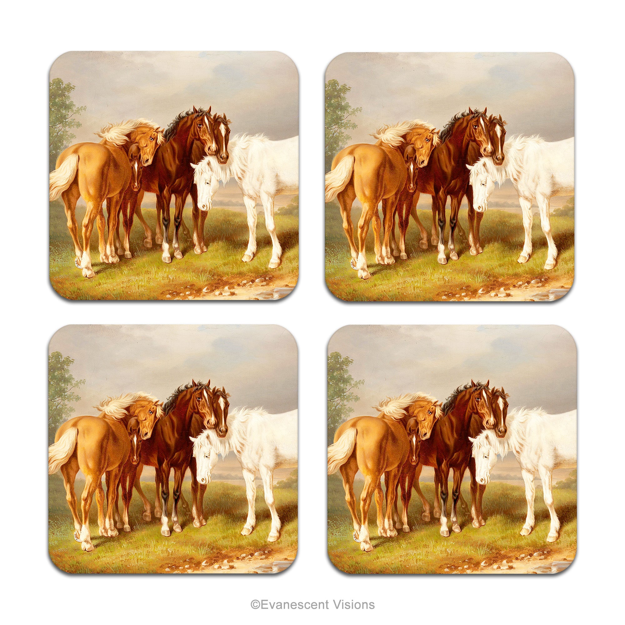 Set of 4 Horses in Nature Drinks Coasters with detail from painting 'Horses, after Carl Wahlbom' by Magnus von Wright