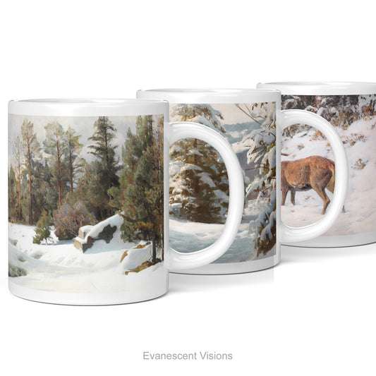 Three white ceramic mugs each printed with a different winter landscape painting with snowy trees, snow-covered evergreens, and a deer in a snowy field. 