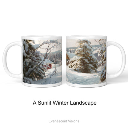 Side views of the ceramic mug  printed with a winter landscape painting A Sunlit Winter Landscape' by Peder Mørk Mønsted. 