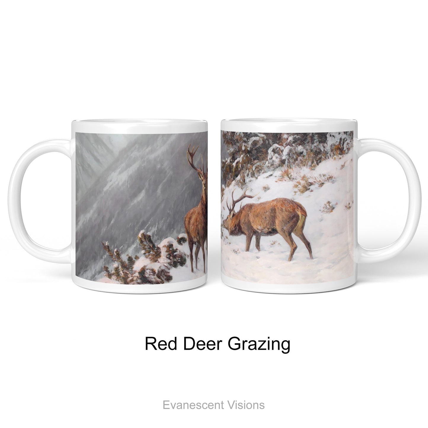 Two white ceramic mugs showing the left and right side views of a printed landscape painting titled 'Red Deer grazing in a mountainous Winter Landscape by Julius Arthur Thiele.