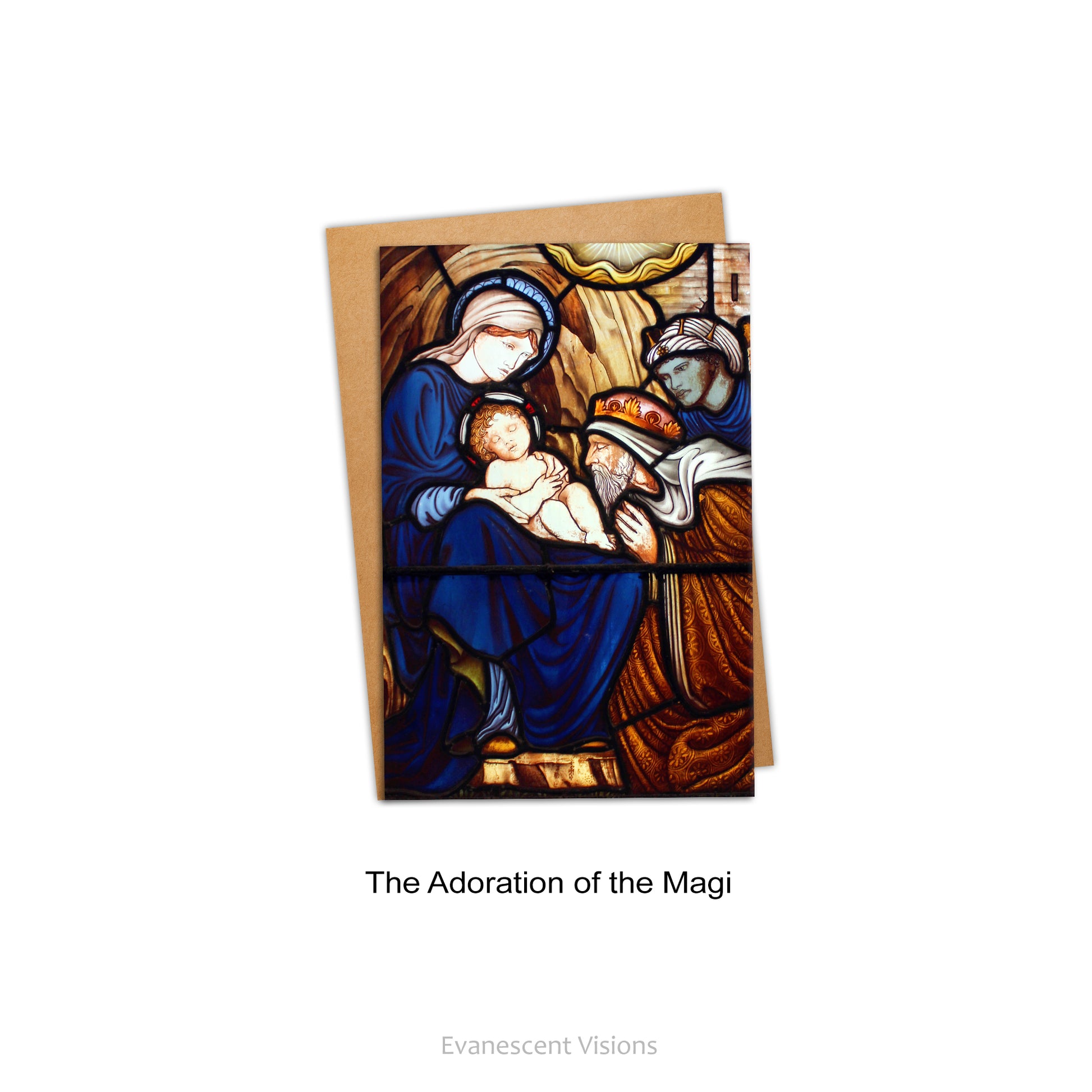 Adoration of the Magi deisgn option.  Pre-Raphaelite Stained Glass Art Christmas Cards.