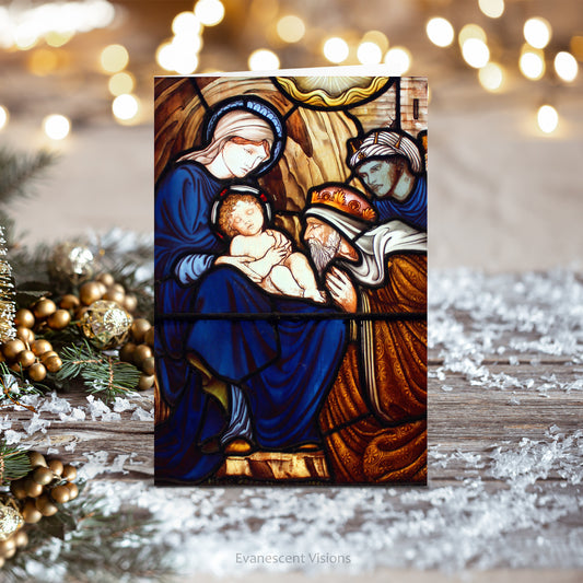 Pre-Raphaelite Stained Glass Art Christmas Card on a Christmas themed table