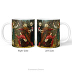 Left and right side views of a ceramic mug with artwork depicting the Three Mary's with an Angel.