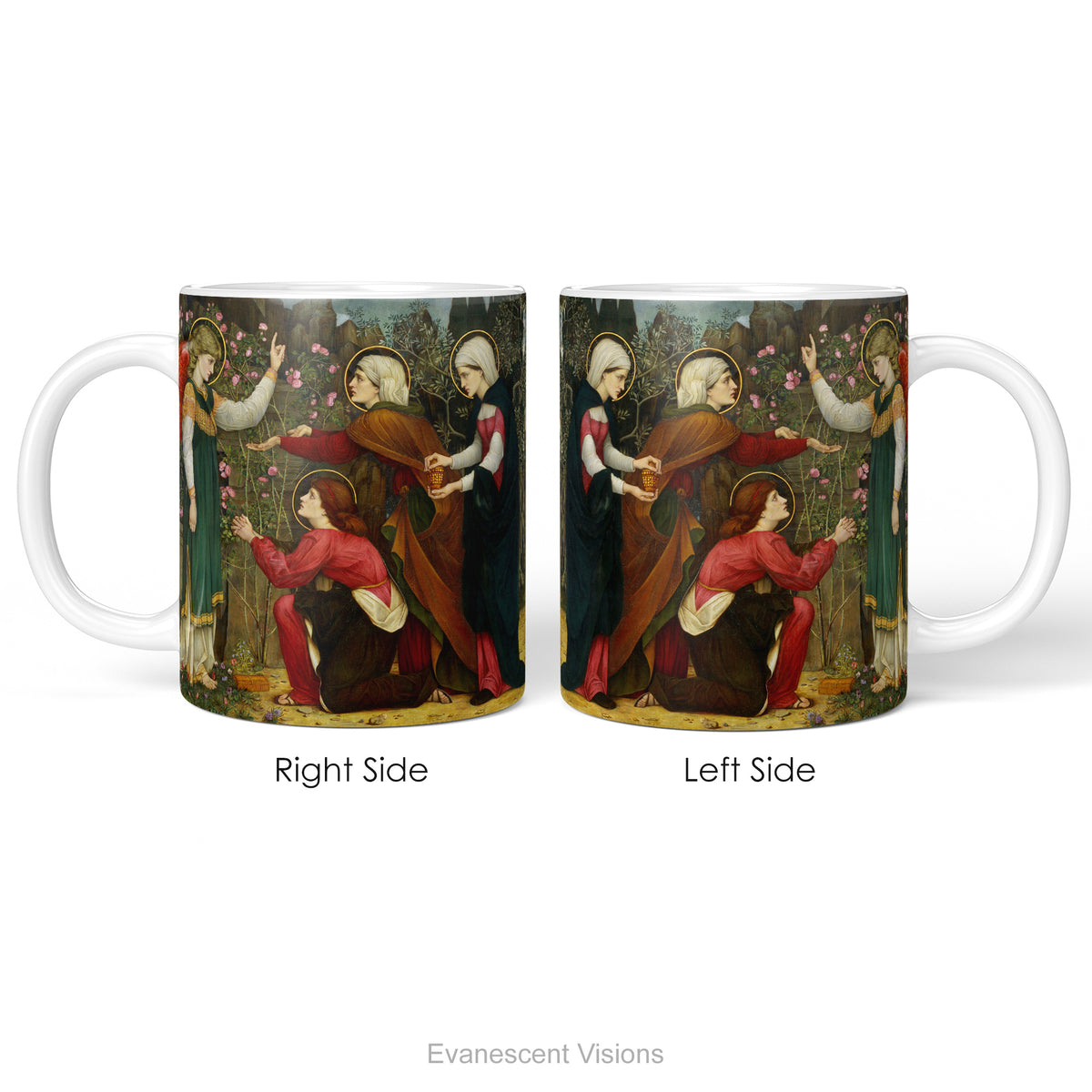 Left and right side views of a ceramic mug with artwork depicting the Three Mary's with an Angel.