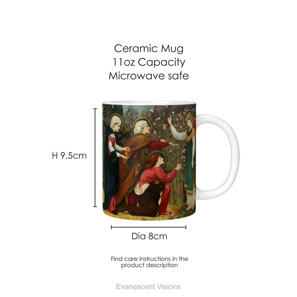 Mug dimensions for the  Three Mary's with an Angel ceramic mug. 