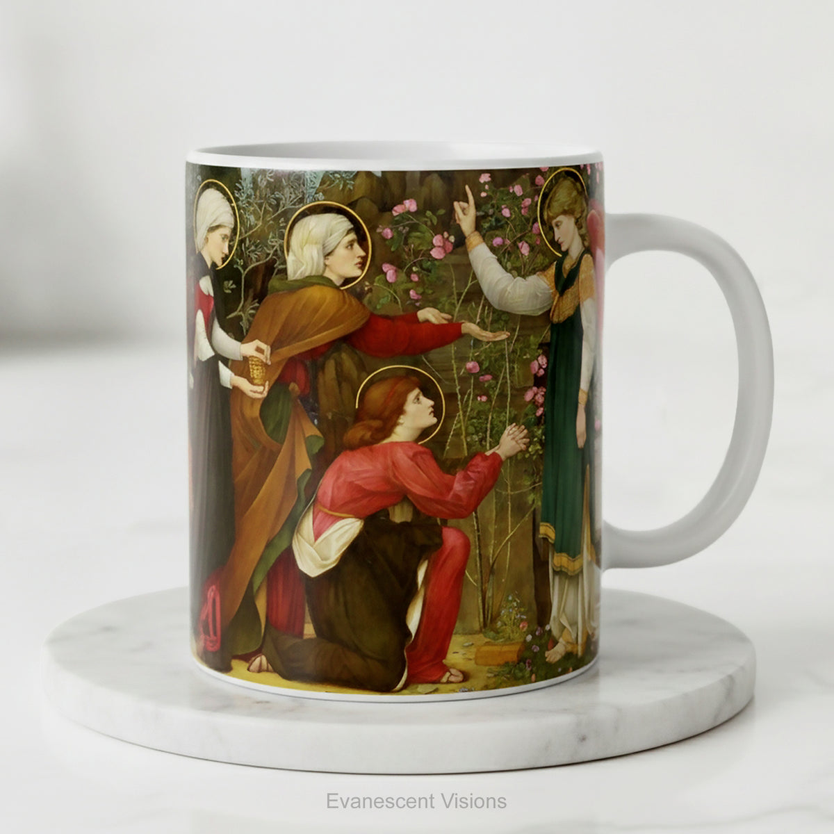 Ceramic mug with artwork depicting the Three Mary's with an Angel.