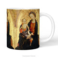 Ceramic mug with a print of Renaissance painting 'Madonna and Child'. 