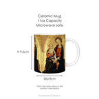 Ceramic mug with a print of Renaissance painting 'Madonna and Child', showing mug dimensions.