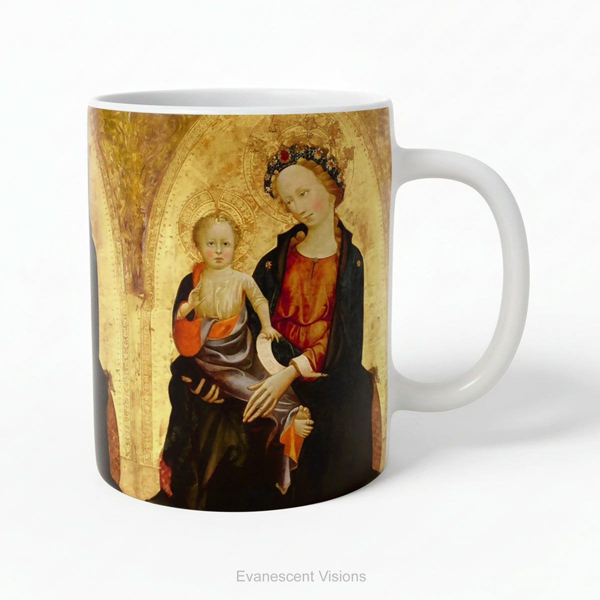 Ceramic mug with a print of Renaissance painting 'Madonna and Child'. 