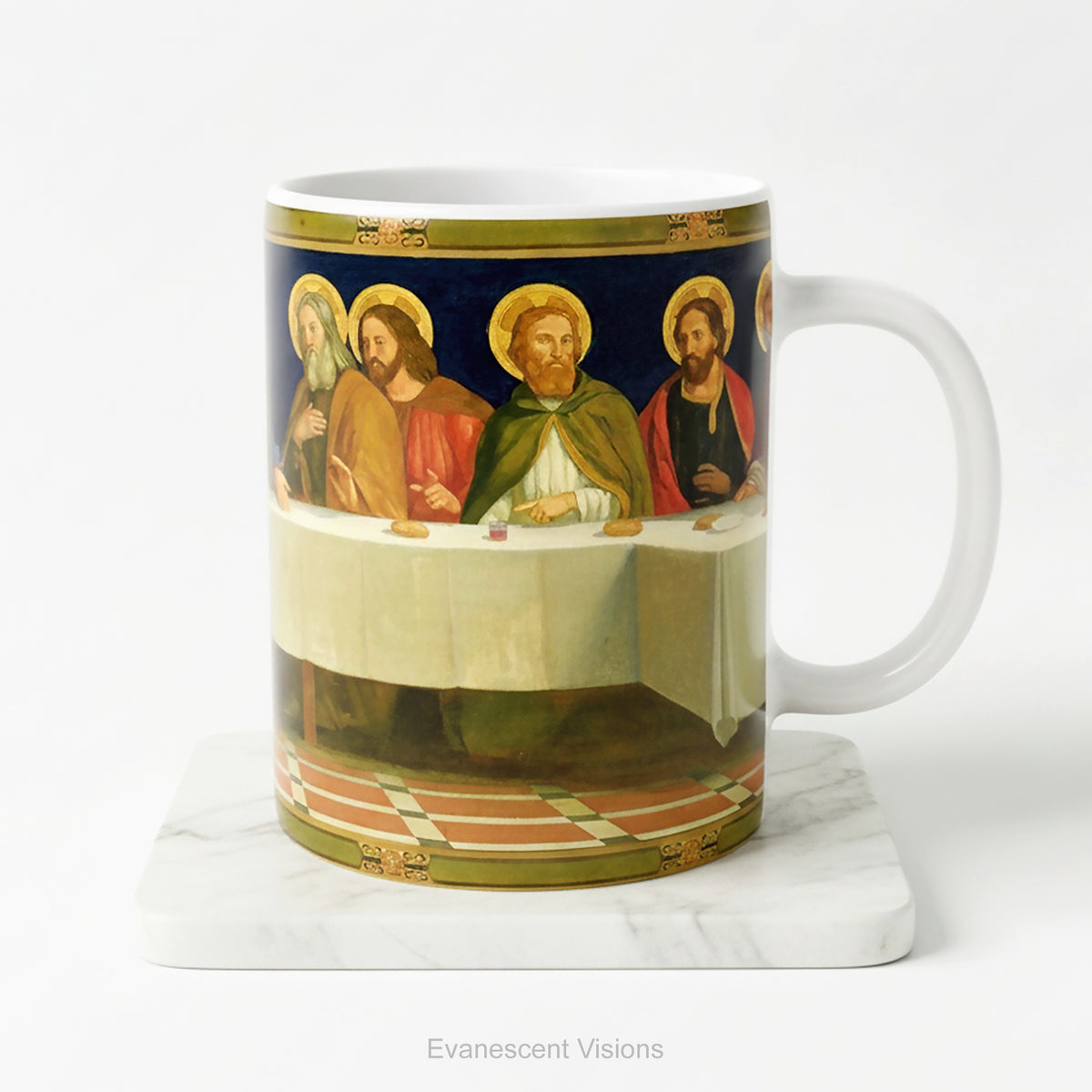 A ceramic mug featuring religious painting 'The Last Supper' by Henry Siddons Mowbray. 