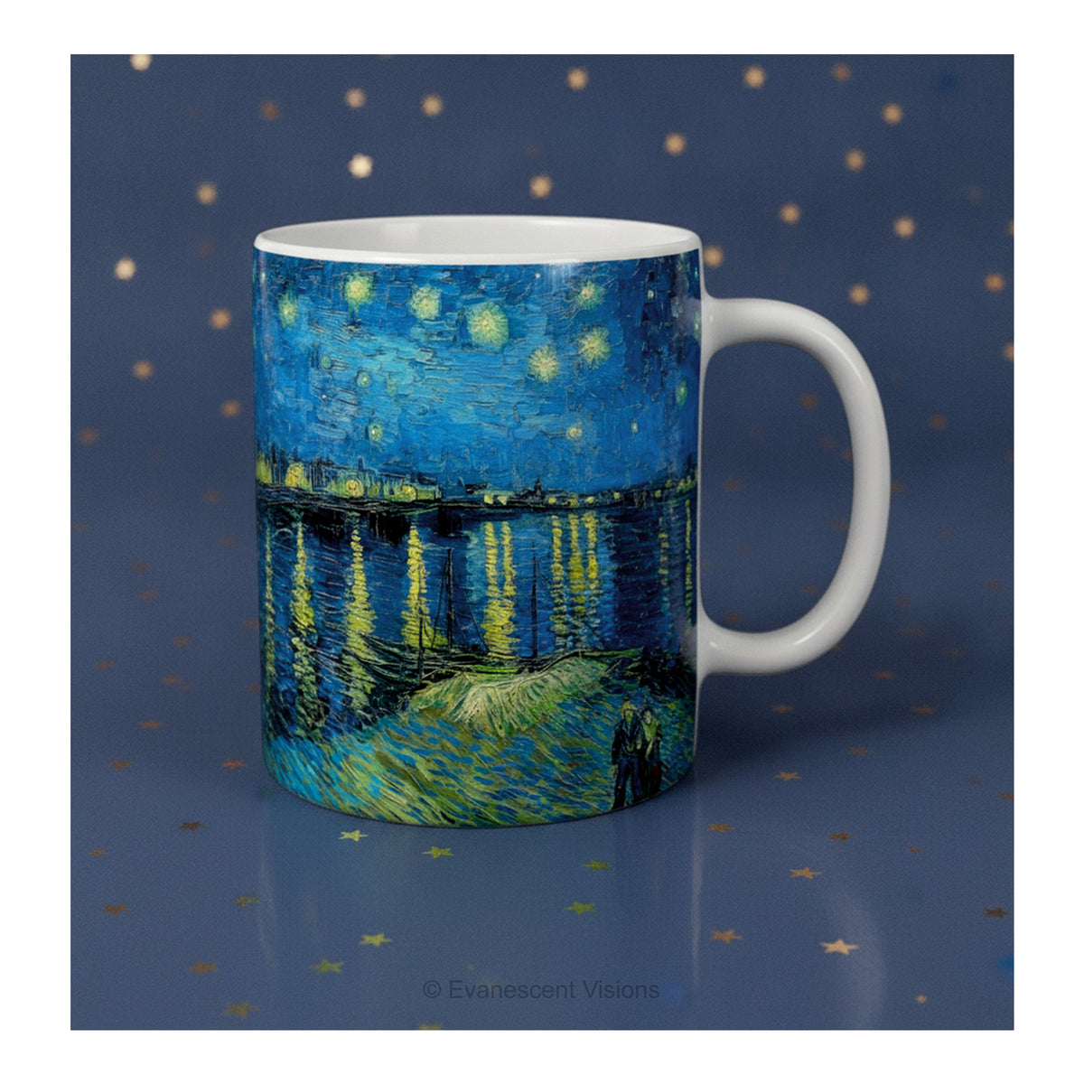 'Starry Night Over the Rhône' mug on a blue backdrop