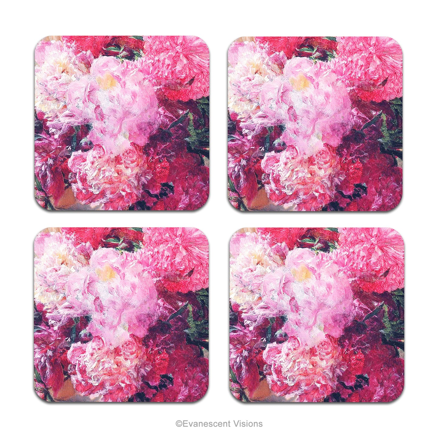 Set of 4 Pink Peonies Floral Coasters with painting 'Japanese Peonies' by Alma-Tadema
