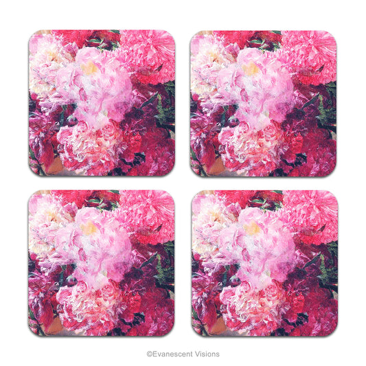 Set of 4 Pink Peonies Floral Coasters with painting 'Japanese Peonies' by Alma-Tadema