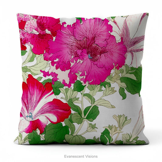 A square pillow with a vibrant floral print  of Vintage petunia flowers with green leaves by Japanese artist, Tanigami Kônan. 