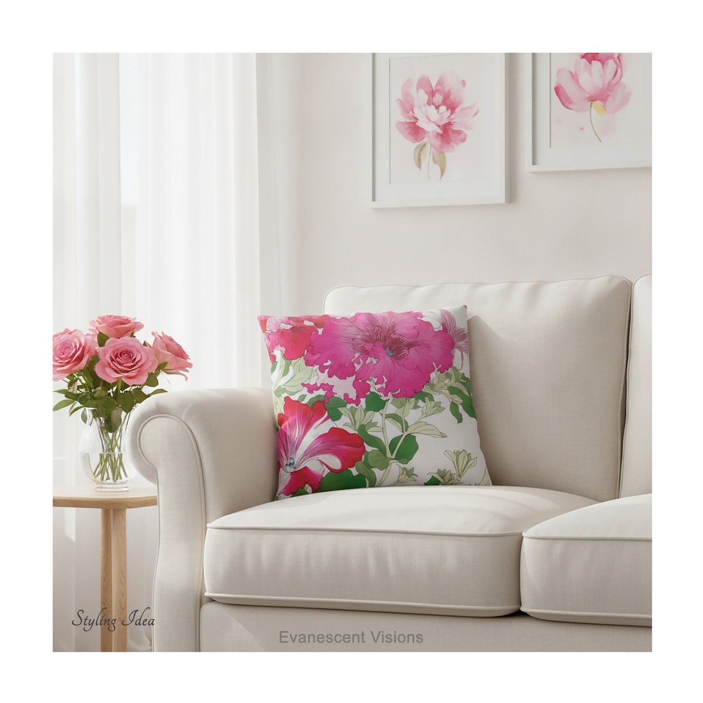 A square pillow with a vibrant floral print  of Vintage petunia flowers by Japanese artist, Tanigami Kônan shown on a cream sofa.