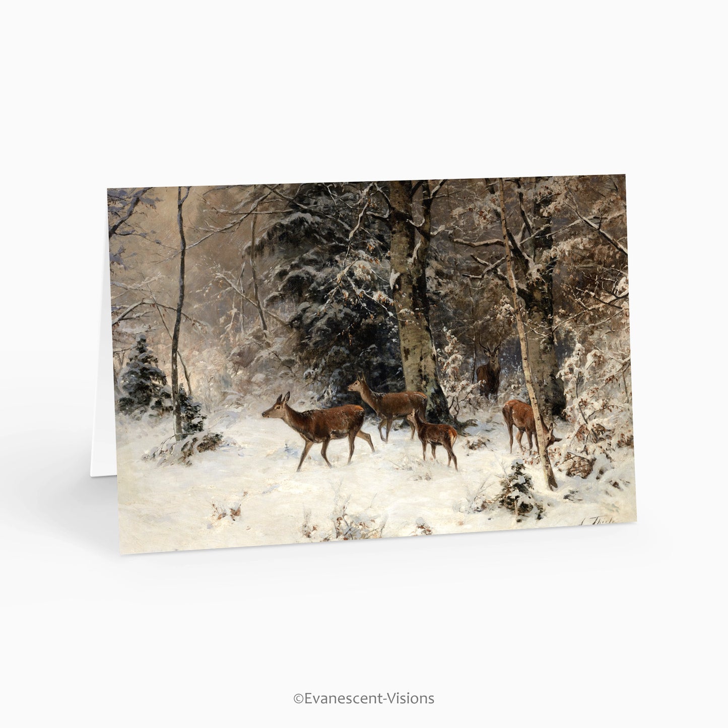 Winter Holiday Landscape with Deer Christmas Card, artwork by Arthur Thiele, standing on a table.