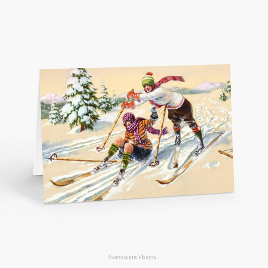 Humorous Winter Skiing Retro Christmas Card with artwork 'Skiers' by Julius Arthur Thiele shown standing on a white table