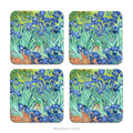 Set of 4 coasters with the painting 'Irises' on the front, by Van Gogh, shown on a white background. 