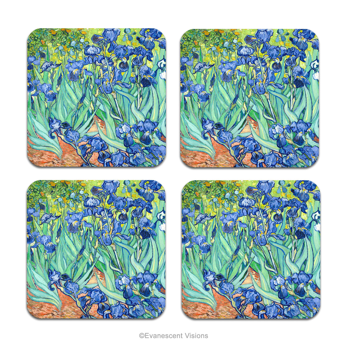 Set of 4 coasters with the painting 'Irises' on the front, by Van Gogh, shown on a white background. 