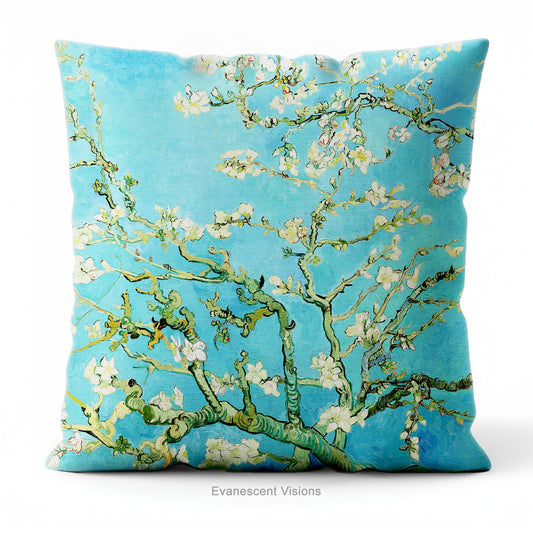 A square decorative cushion featuring Vincent van Gogh's 'Almond Blossom' painting design.