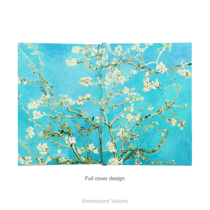 A hardback notebook open showing the full back view printed with the floral impressionistic painting 'Almond Blossom' by an Gogh.