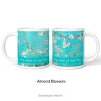 Left and right views of a personalised ceramic mug with a print of  'almond Blossom' painting  by Vincent Van Gogh, shown on a white background. 