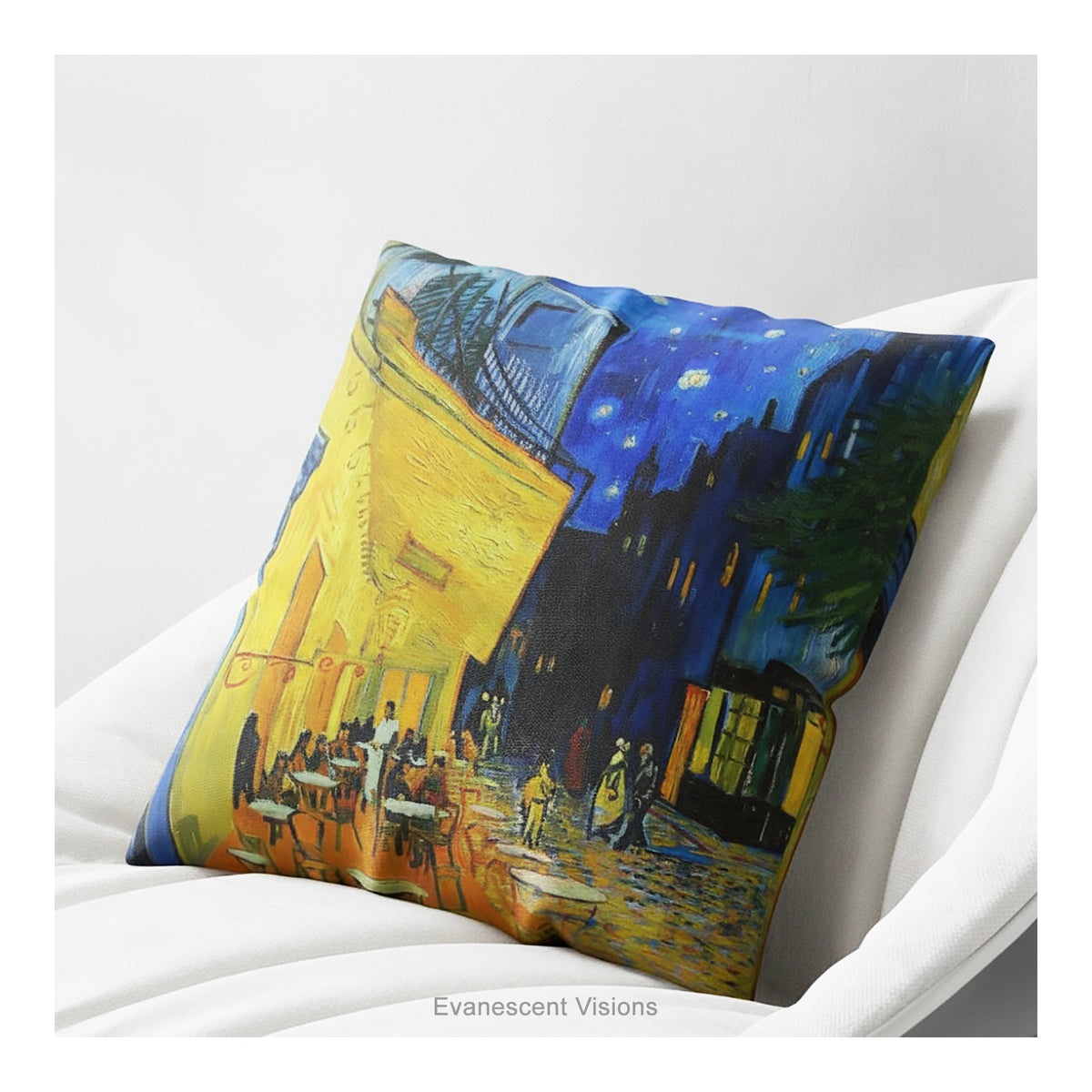 An artistic pillow featuring Vincent van Gogh's Cafe Terrace at Night' painting print shown on a white armchair.