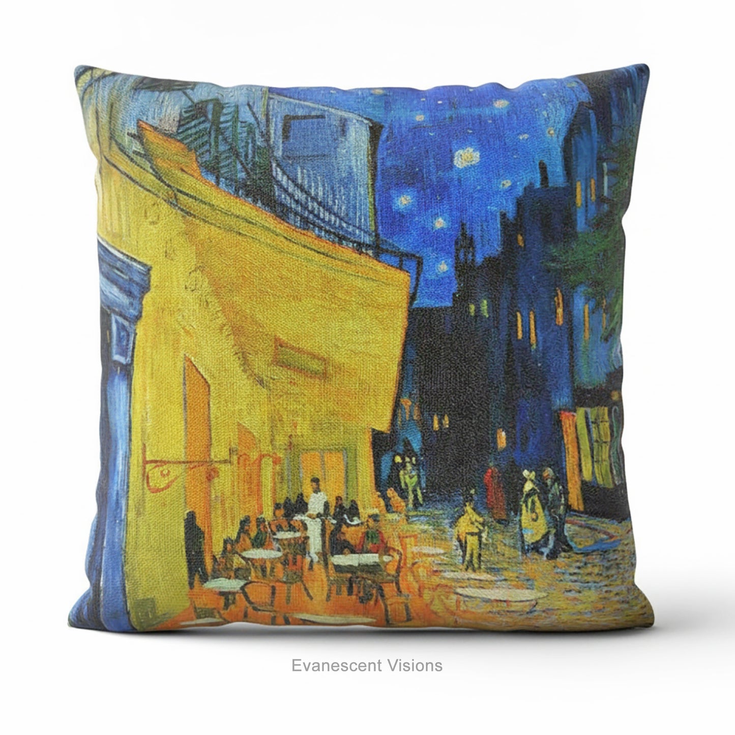 An artistic pillow featuring Vincent van Gogh's Cafe Terrace at Night' painting print, shown against a plain white background. 