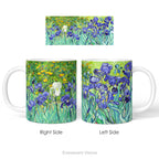 Left and right side views of a ceramic mug featuring a print of artwork  'Irises' by Vincent Van Gogh.