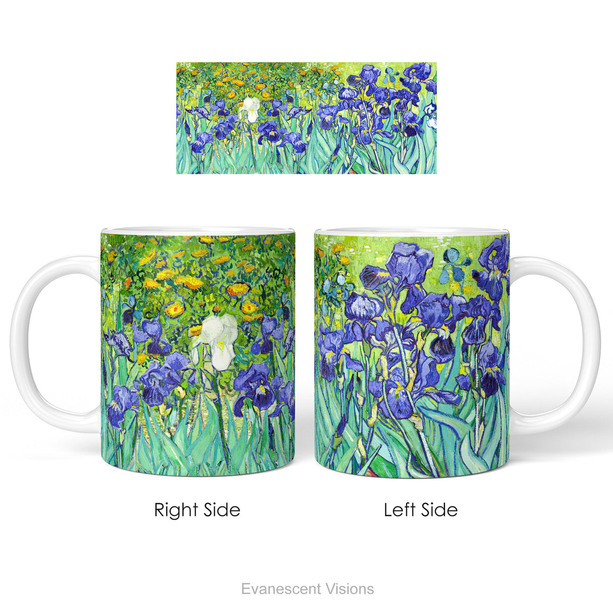 Left and right side views of a ceramic mug featuring a print of artwork  'Irises' by Vincent Van Gogh.