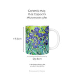 A ceramic mug featuring a print of artwork  'Irises' by Vincent Van Gogh with mug dimensions.