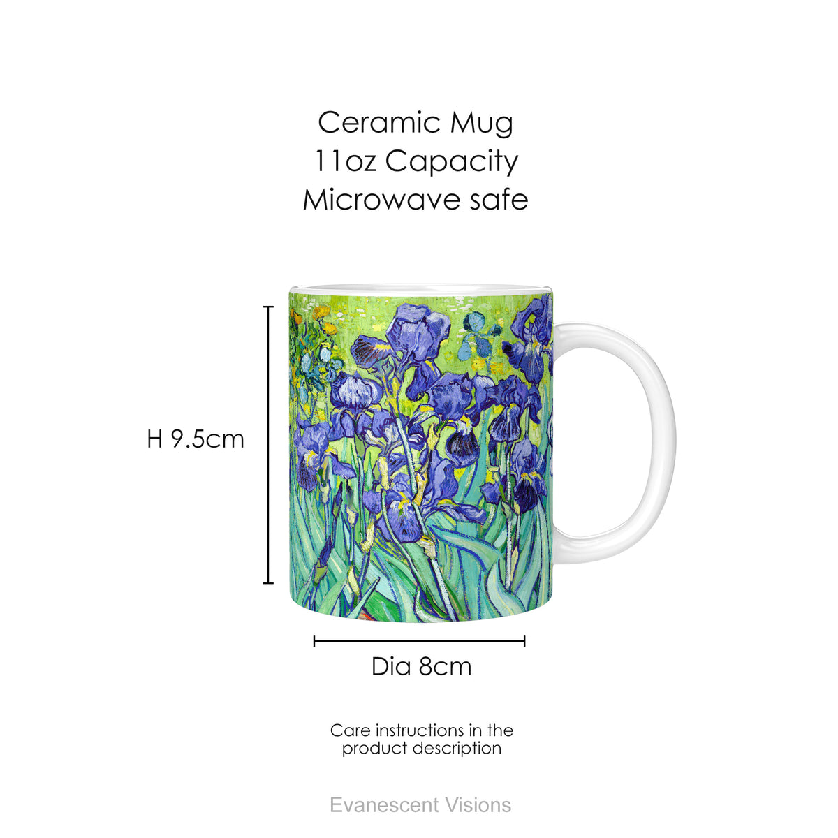 A ceramic mug featuring a print of artwork  'Irises' by Vincent Van Gogh with mug dimensions.