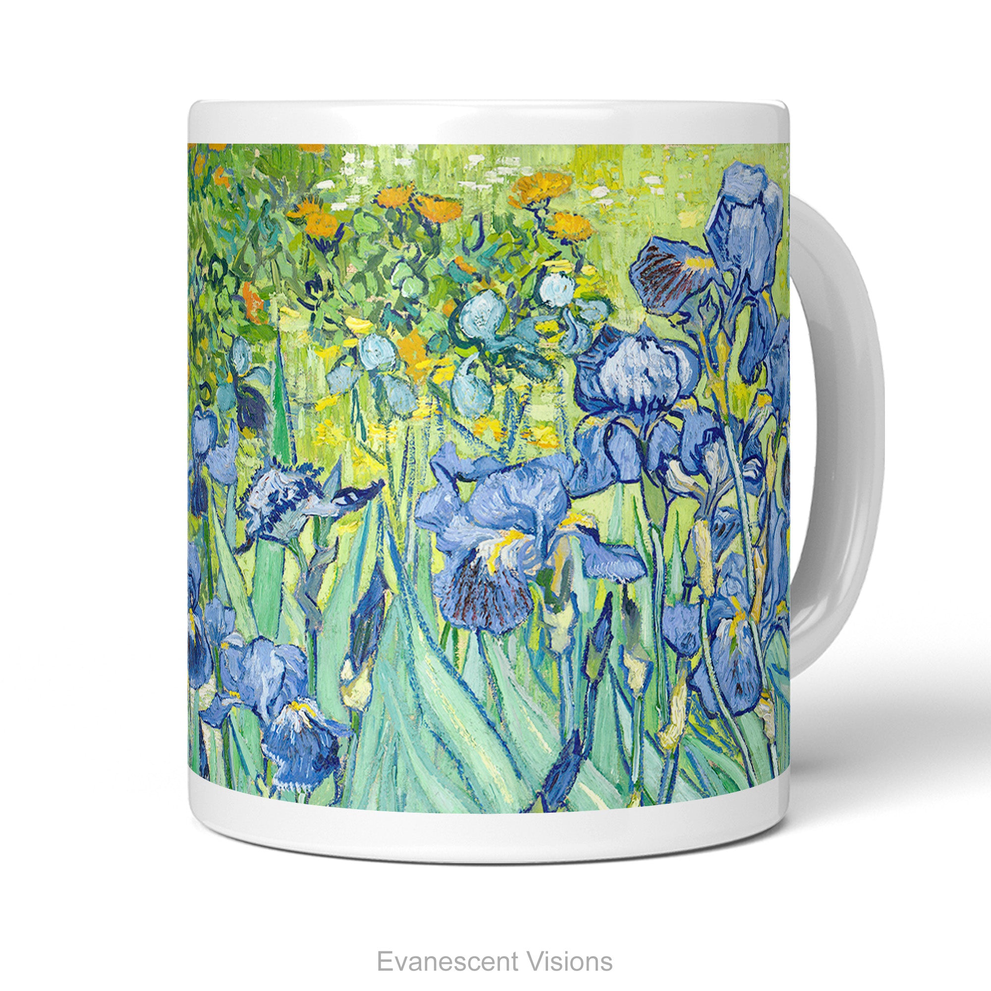 Front view of a white ceramic mug featuring a printed artwork of painting 'Irises' by Vincent Van Gogh, featuring blue irises against a textured yellow-green background, shown on a clean white studio background.