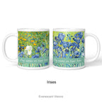 Left and right views of a personalised ceramic mug with a print of  'Irises' painting  by Vincent Van Gogh, shown on a white background. 